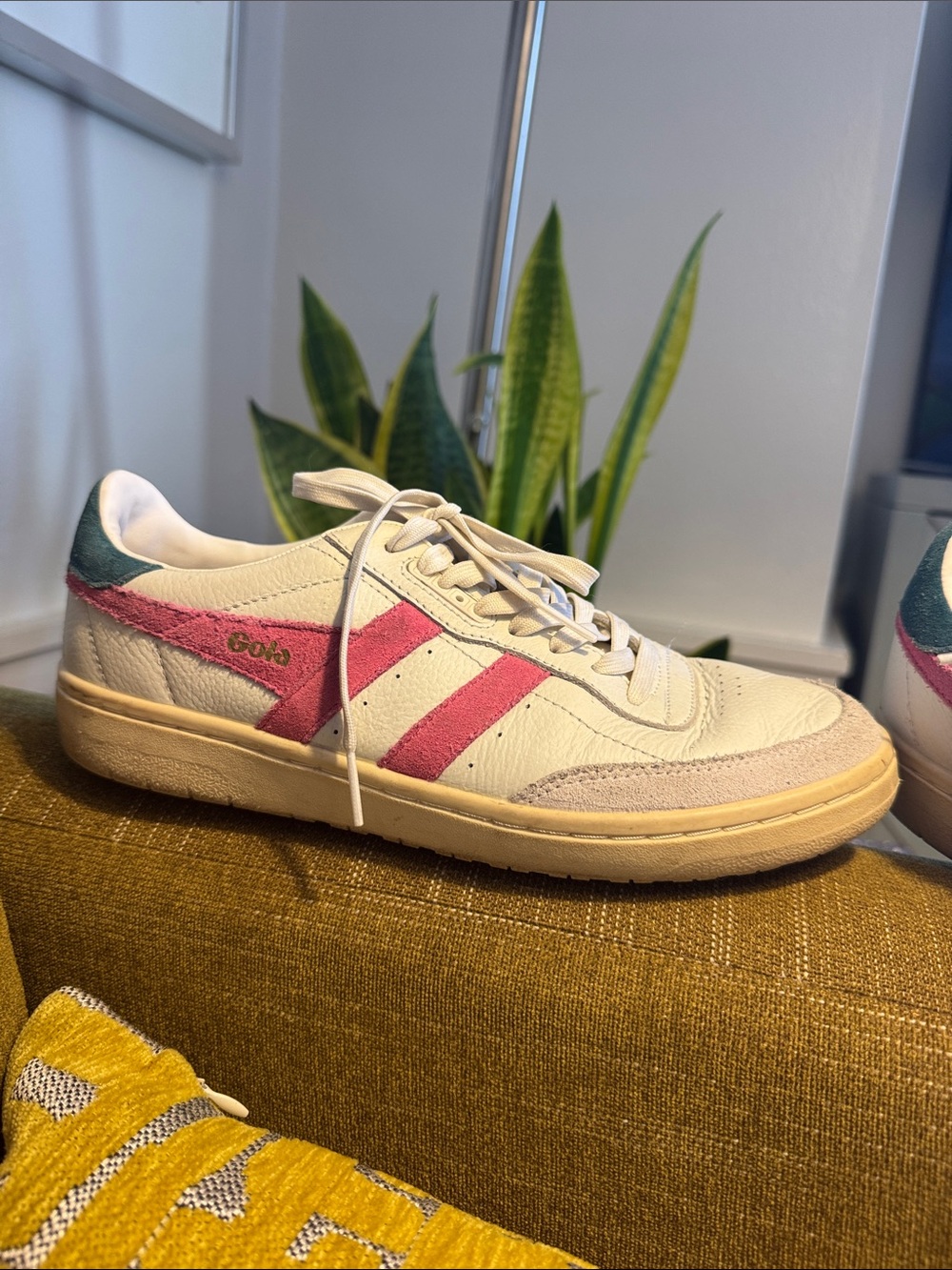 Gola White Leather Sneaker with Pink Stripes and Green Heel